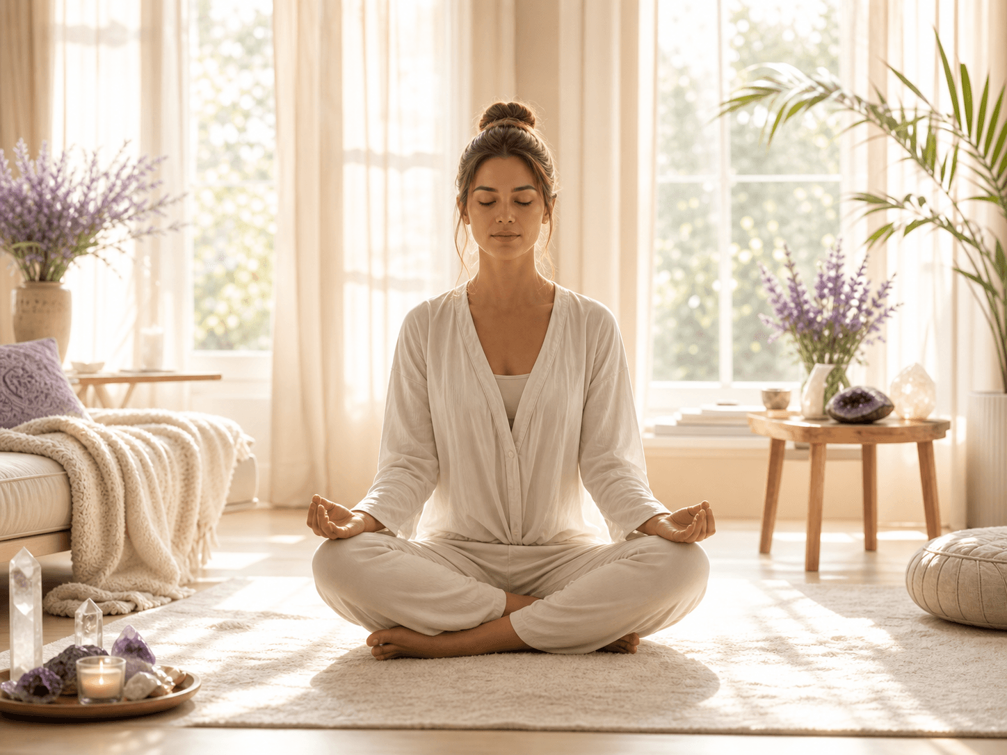 Persona meditando en un interior luminoso para una limpieza energética personal